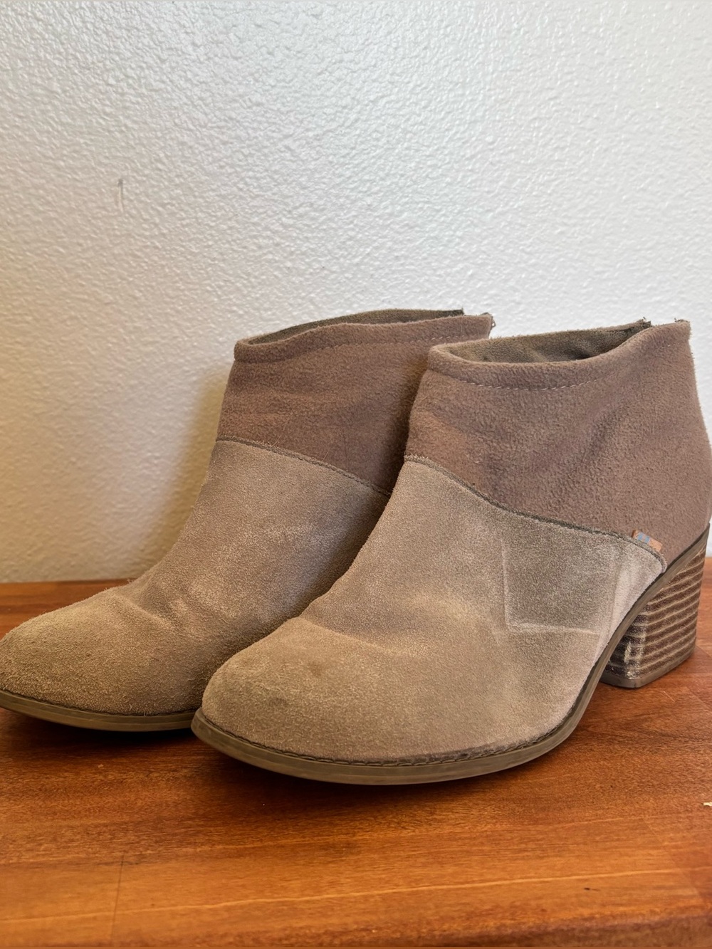 Toms Taupe Suede Ankle Booties with Stacked Heel